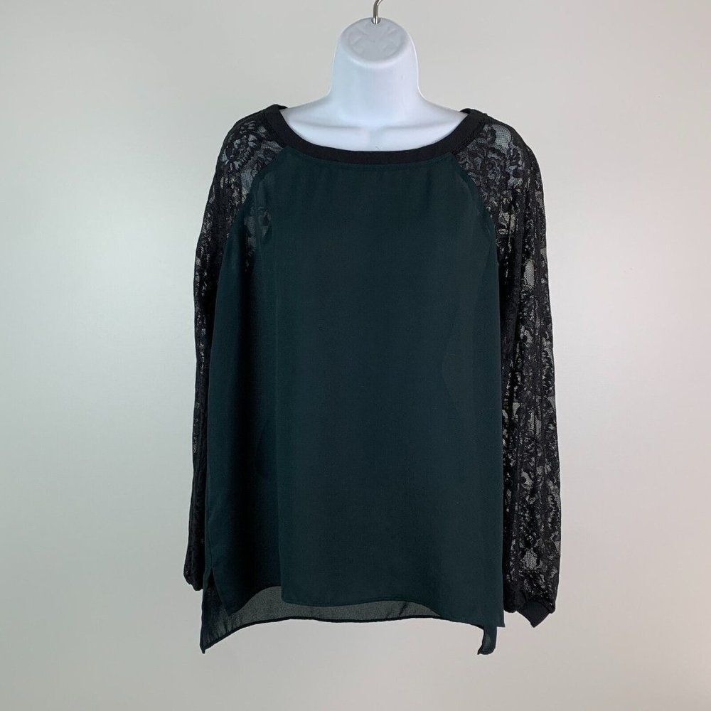 Loft sz S Blouse Long Sleeve Semi-Sheer Green Black Lace Sleeves Hi Low Loose